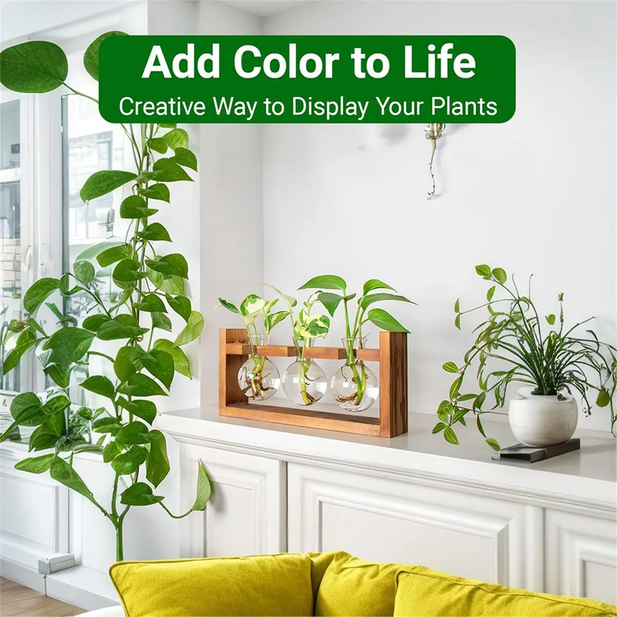 Glass Plant Terrarium 3 Bulbs Propagation Station with Wood Stand Indoor Garden Planter, Hydroponic Vase & Desktop Decor