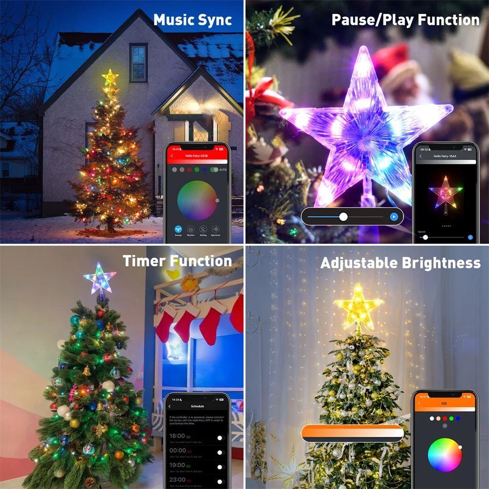 19cm RGB Christmas Tree Topper LED Light App Control Led Glowing Star Light Pentagram Christmas Tree Ornament Decoration 2024