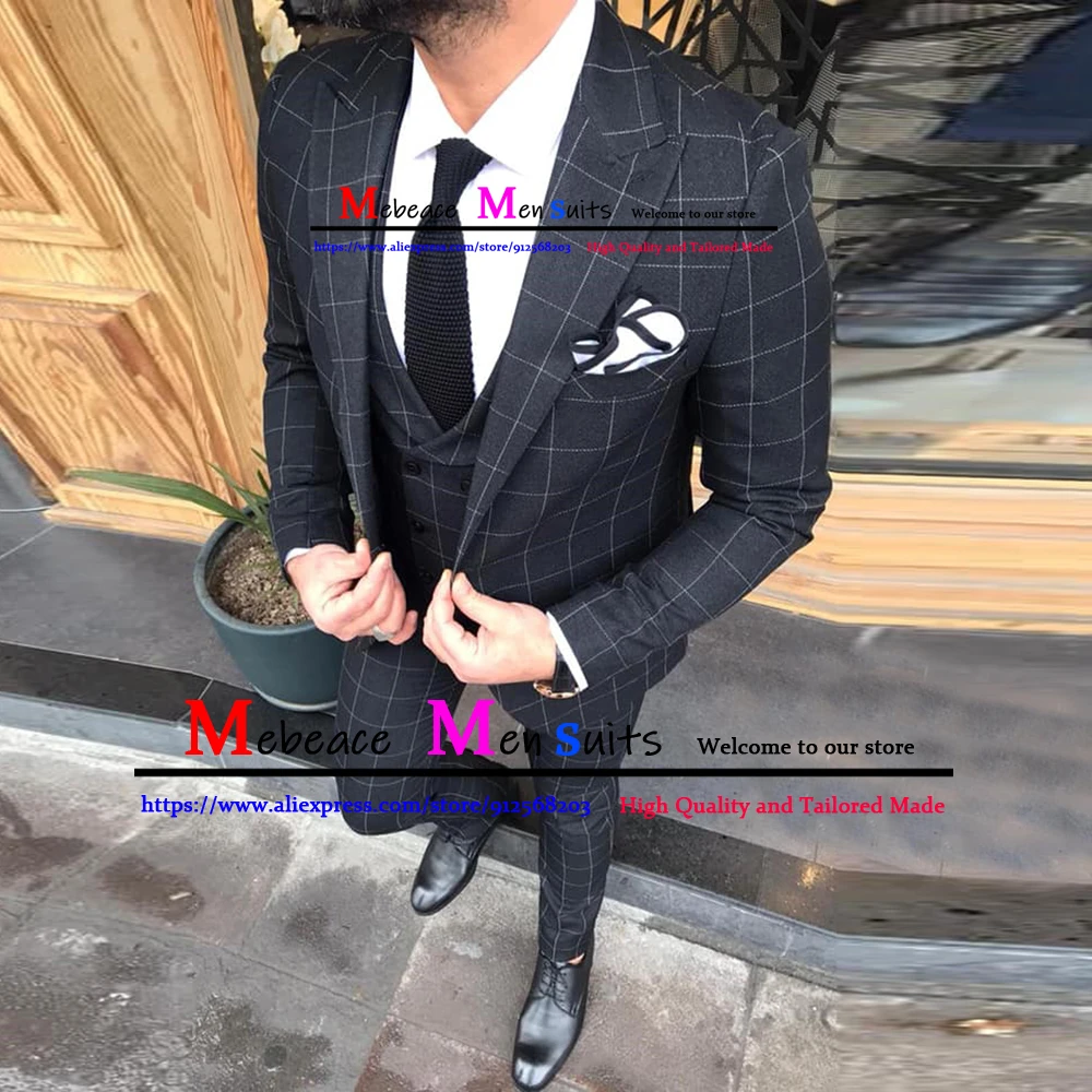 

Classic Black Plaid Suits For Men Casual Business Work Men Suit 3 Piece (Blazer+Vest+Pants) Slim Fit Groom Suit Trajes De Hombre