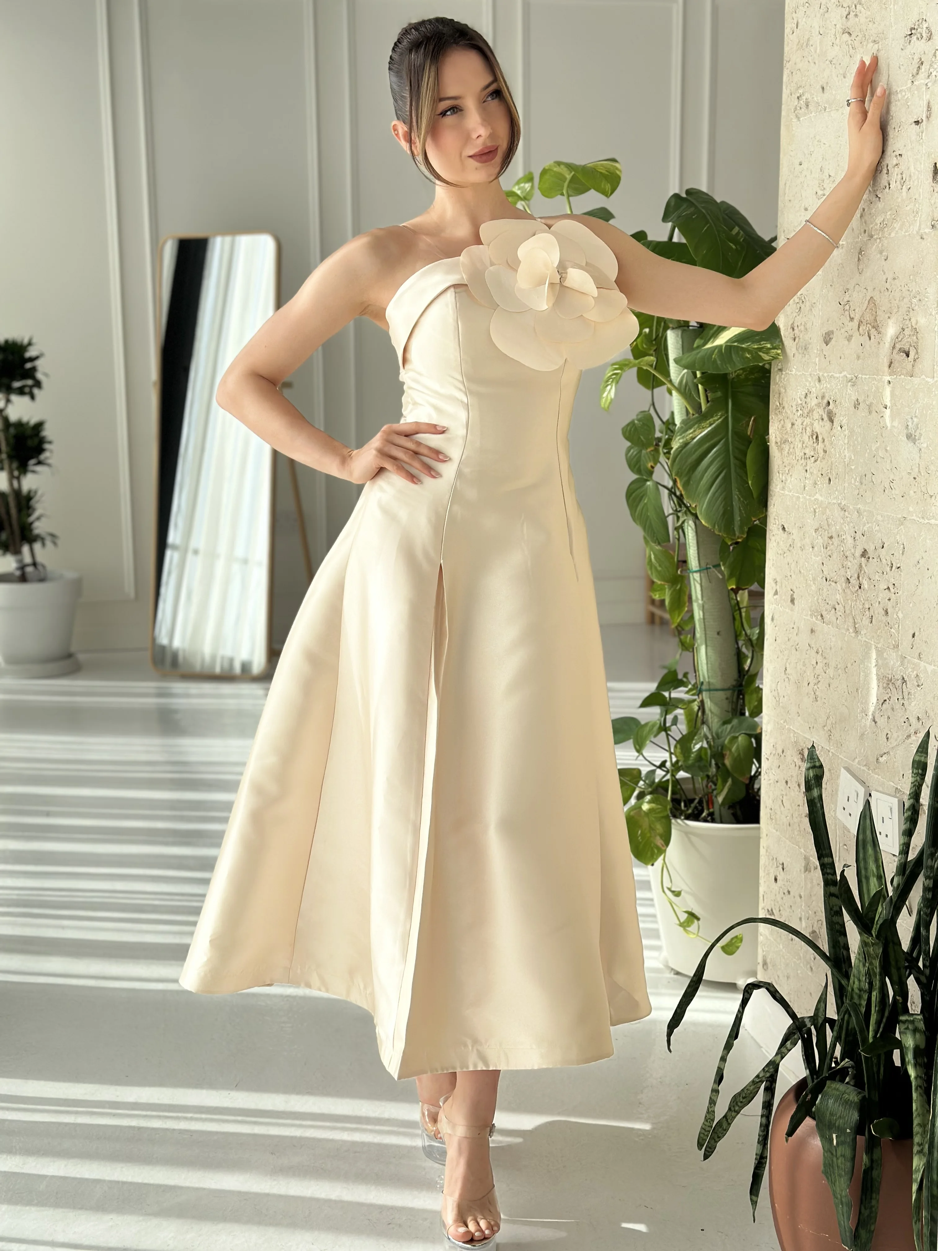 Robe élégante sans bretelles pour femme, champagne, zone de luxe, longueur thé, robe de soirée de mariage, fleur