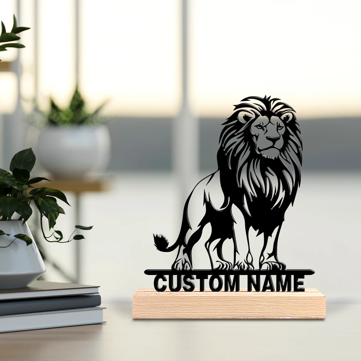 Décoration en métal en forme de lion, texture de luxe légère, personnalisable, sur base en bois, idéale pour les cadeaux d'avocat, de bureau et pour hommes.