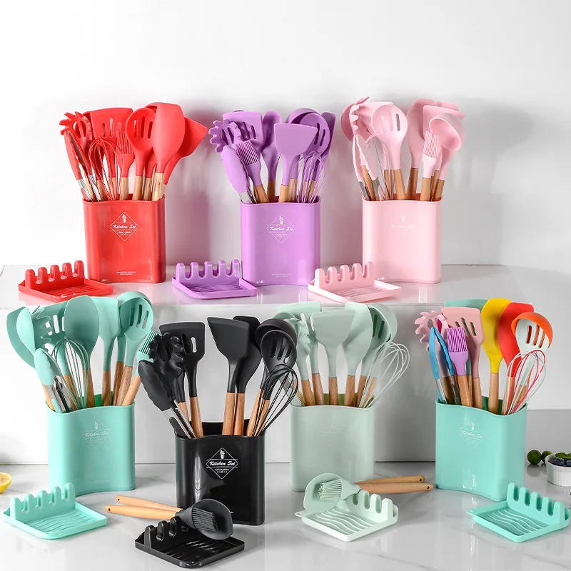 New multi color ribbon storage barrel wooden handle silica gel kitchenware set 12  piece kitchenware