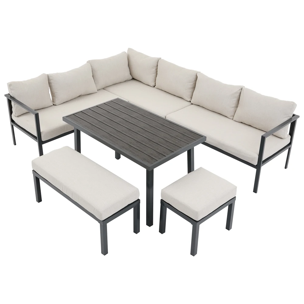 Tuinmeubelenset voor buiten, 9 personen, gegalvaniseerde stalen buizen, tafelblad van kunststof hout, eettafels, banken, stoelen en banken