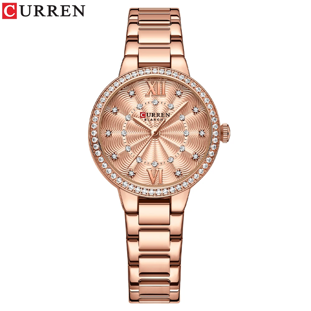 CURREN Quartz Wristwatches for Wommen Luxury Rhinestones Rose Dial Fashion Watches with Stainless Steel Band New