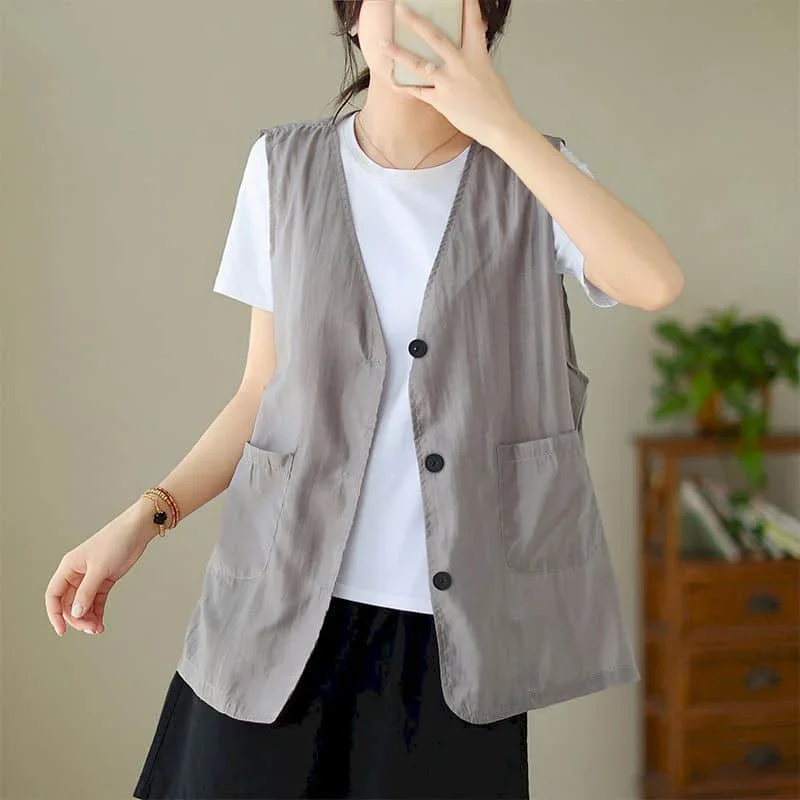 

V-neck Vest Women for Tops Cotton Linen Solid Single Breasted Korean Style Vintage Casual Sleeveless Loose Tanks Women Clothing