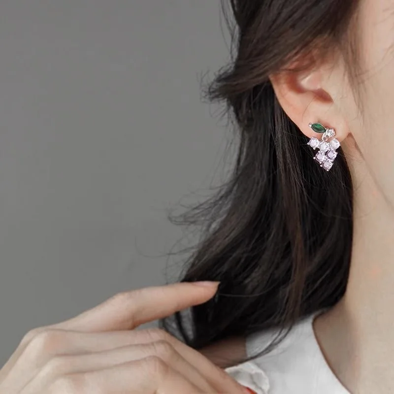 Fresh and elegant silver needle zirconium stone grape fringed delicate and exquisite multi-purpose earrings