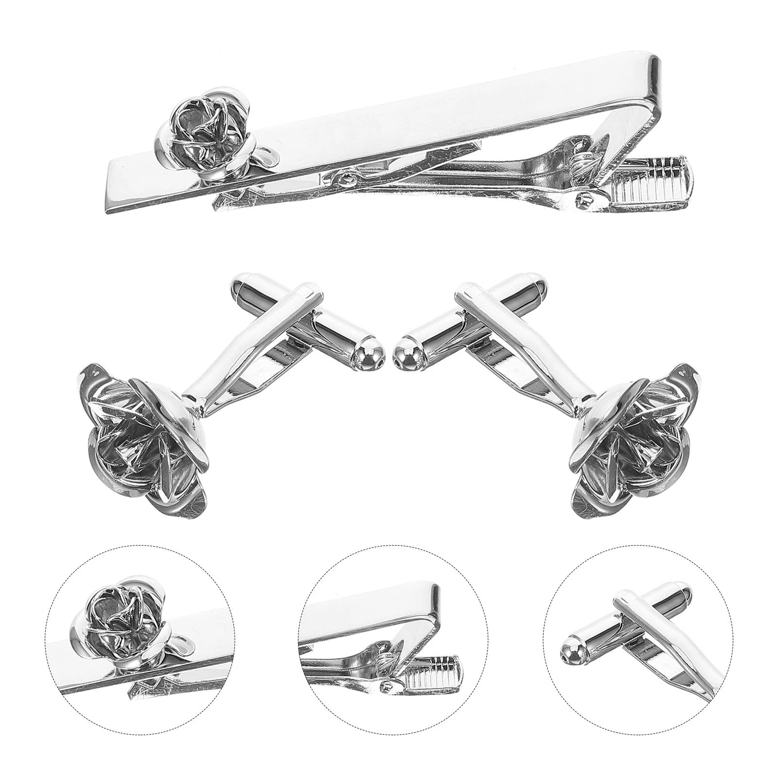 

1Set Rose Cufflinks Tie Clip Bright Silver Durable Suit Accessories Men Formal Business Event Tie Clip Cufflink Set