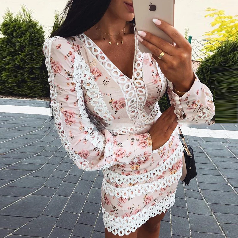 

New Spring Floral Print V-neck Mini Dress Lady Fashion Long Sleeved Waist Beach Dresses Elegant Lace Patchwork Slim Party Dress