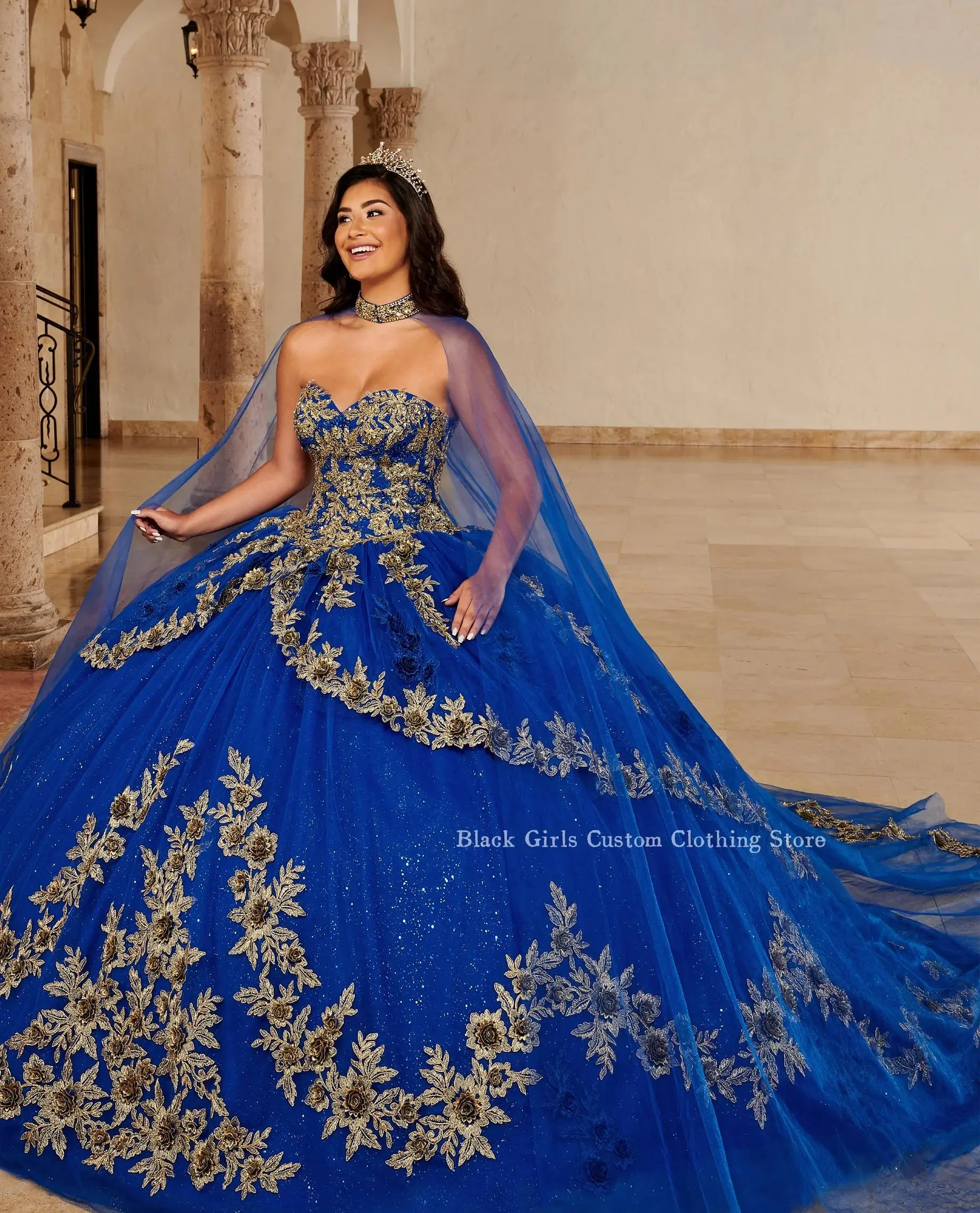 Vestidos Quinceanera Azul Royal, apliqué de renda com xale de tule, vestido de baile México 15 anos