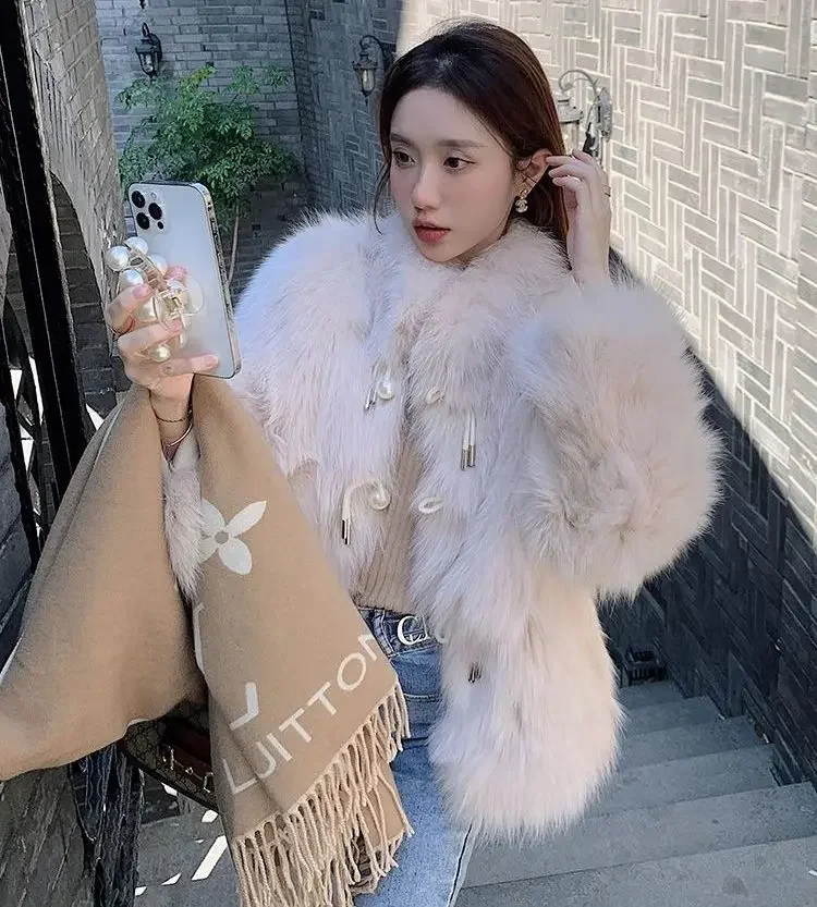 FANIECE Fluffy Faux Fur Coat Women Stand Collar Pearl Buckle Plush Jacket Winter Warm Shaggy Overcoat Tops шубы 2023 куртка 퍼 자켓