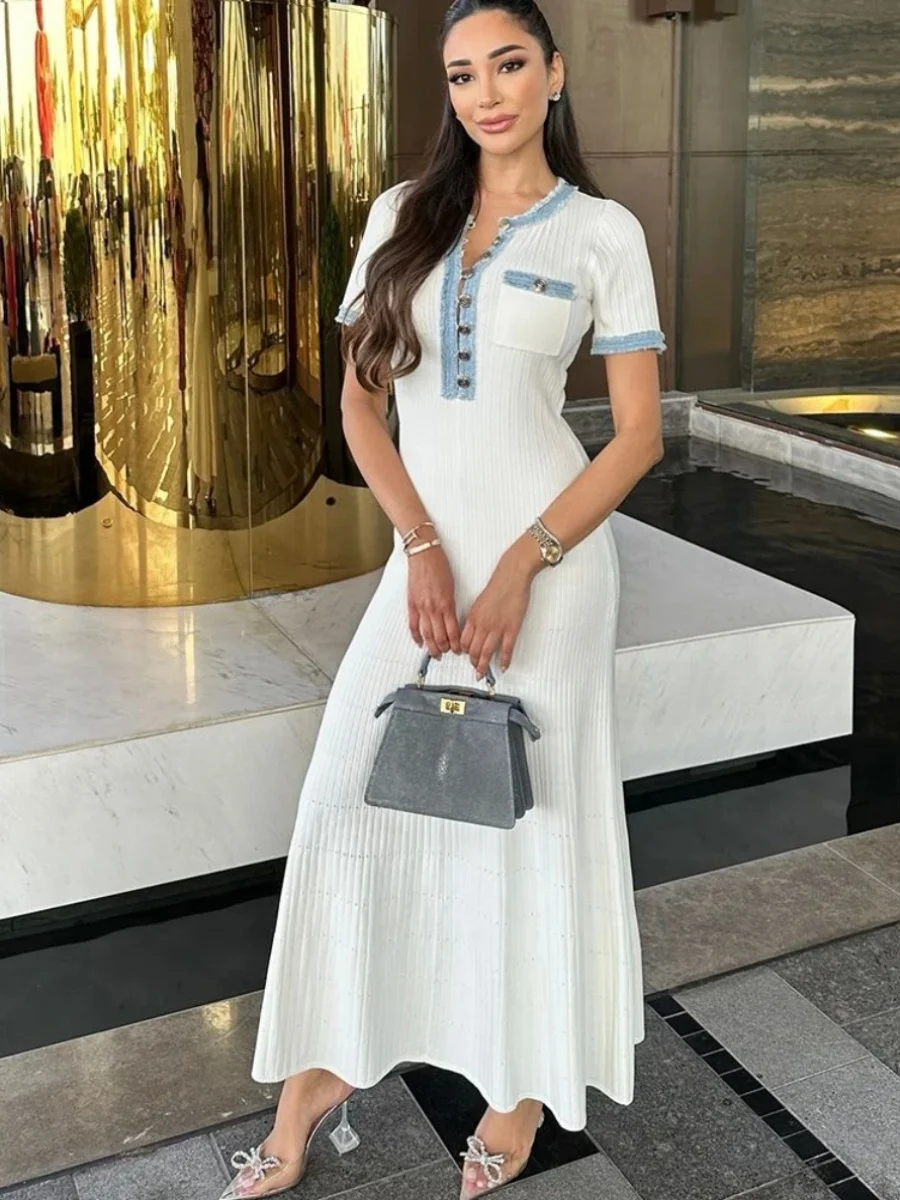 

Женское повседневное базовое платье Slim Fit с завышенной талией, утягивающее талию, с цветовыми блоками, из полиэстера, с коротким рукавом, в уличном стиле