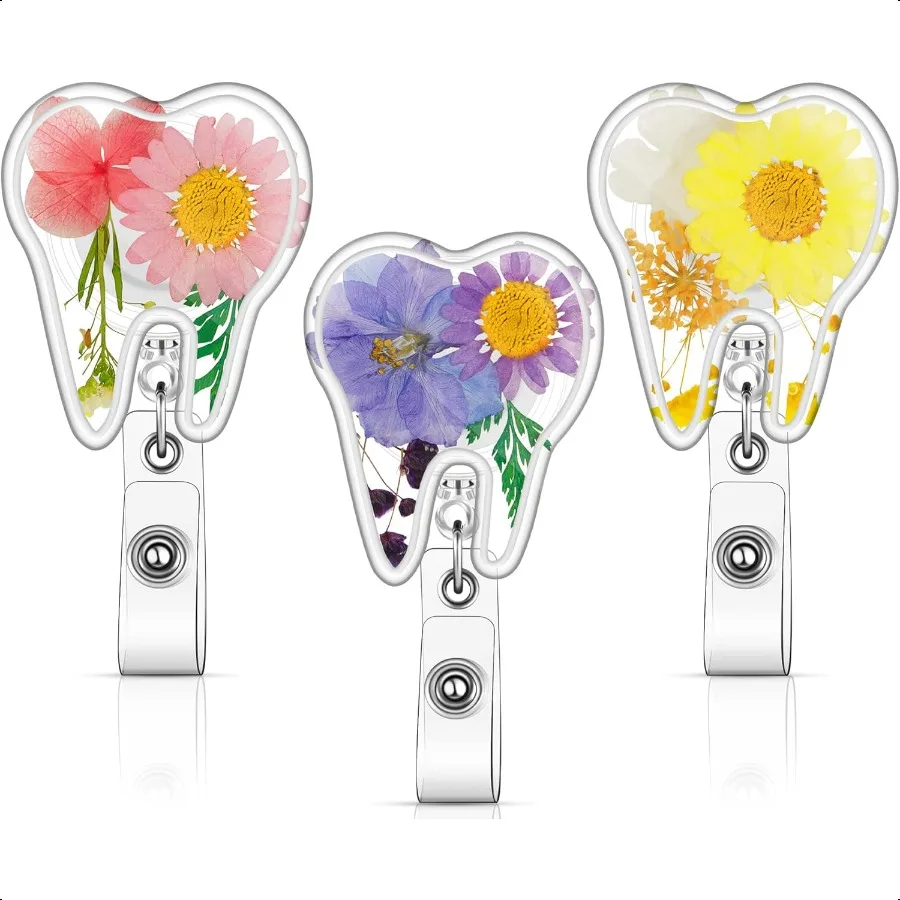 

3 Pcs Flower Badge Reel Holders s Day Gift Uterus Tooth Kidney Lung Shape Dried Flower Resin Reel Holders Doctor Retractable Ba