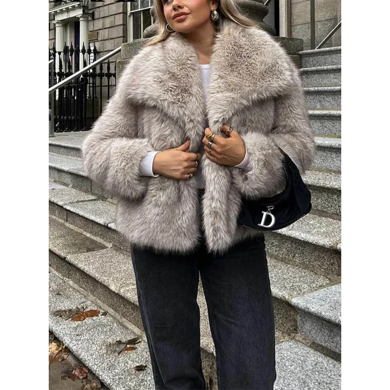 

Women Fashion Cropped Faux Fur Jacket Coat Long Sleeve Front Snap-button Female Outerwear Chic Lapel Collar Thick Coat