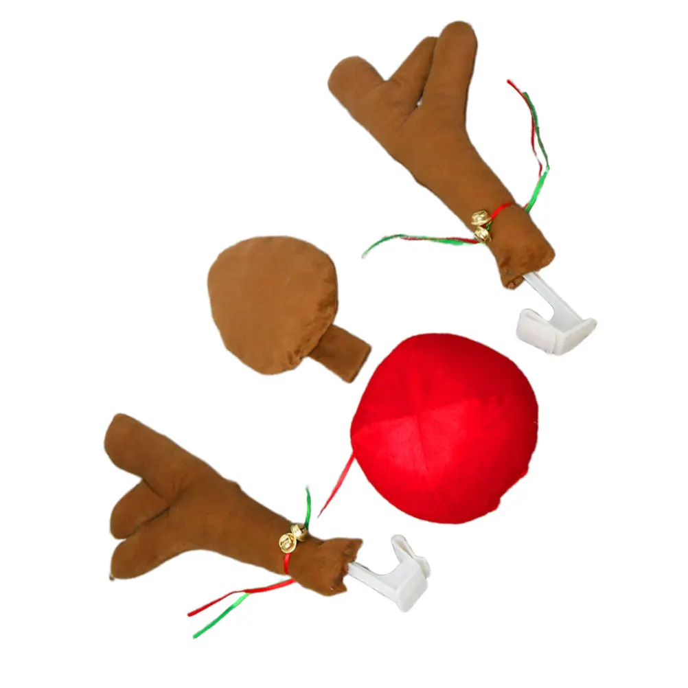 4Pcs Christmas Reindeer Decor Car Accessories Cloth Material Auto Elk Antlers Nose Tail Xmas Ornaments Decorations