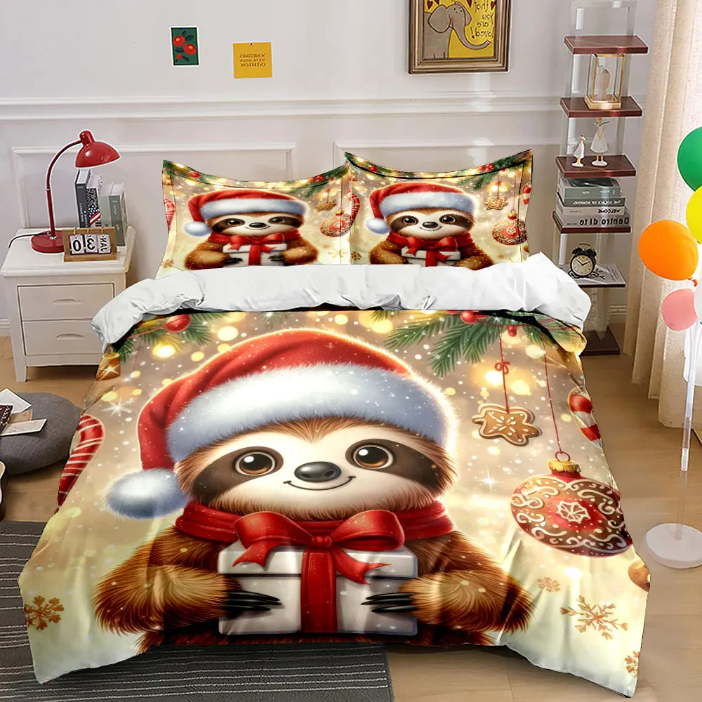 Cute sloth wearing a Santa hat smiles and holds a gift box Print Duvet Cover Bedding Set Included 1*Duvet Cover 2*Pillowcases