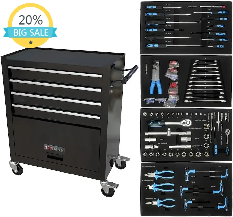 

4 Drawers Tool Cabinet with Tool Sets Rolling Tool Cart with Drawers and Wheels Mechanics
