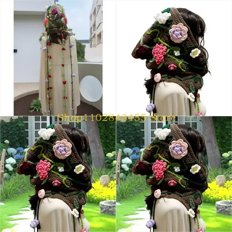 

49MC Breathable Hooded Capelet Crochet Hat Women's Winter Accessory Floral Detailing Shawl Cloak Hat Fashionable Headwear