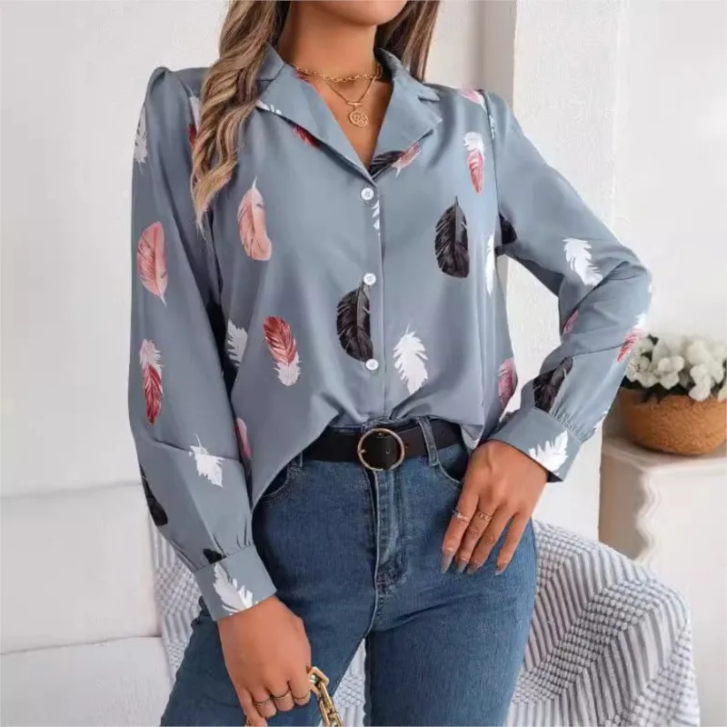 

Fashion Feather Printed Women's Blouses Autumn Casual Long-sleeve Print Shirt Office Lady Top Elegant Streetwear Female Clothing