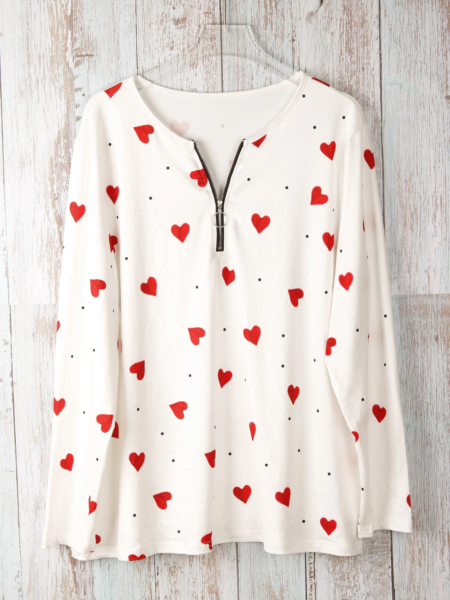Plus Size Women's Cute Heart Print Zip-Up Top for Fun and Casual Style