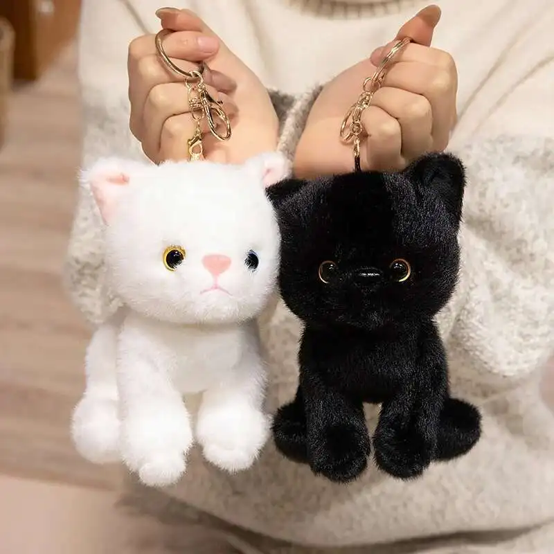 

15cm Cute Simulated Sitting Cat Pendant Doll Plush Toy Stuffed Soft Animal White Black Kitten Keychain Doll Kids Birthday Gift