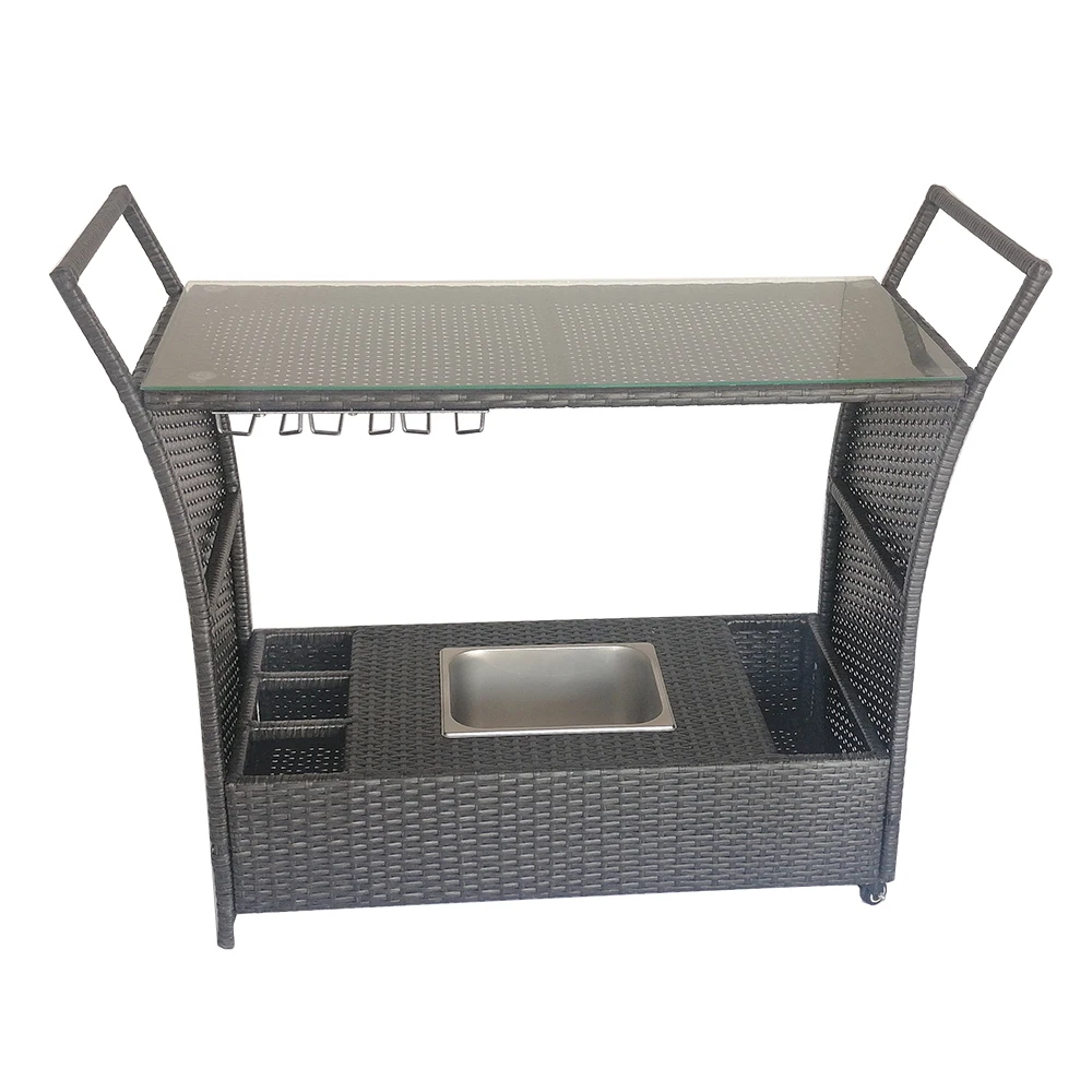 Factory Wholesale Clear Acrylic Rattan Bar Cart with Glass Tabletop and Stainless Steel Connector Green Silver Gold Silkscreen