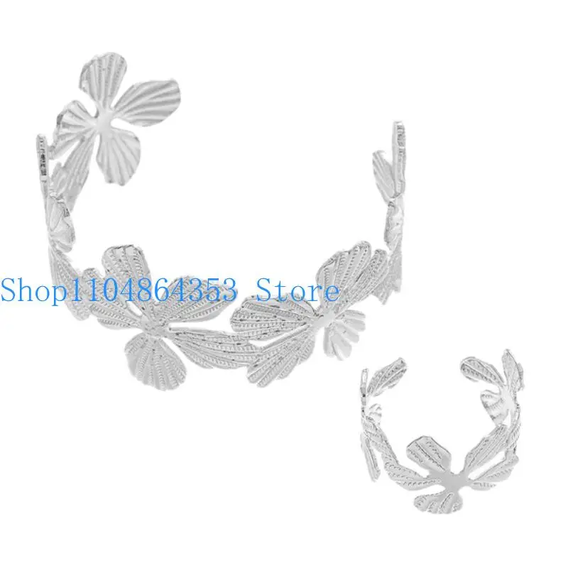 652F 2Pcs Elegant Floral Patterned Adjustable Bracelet Rings Combo Portable Jewelry Gift Ideas