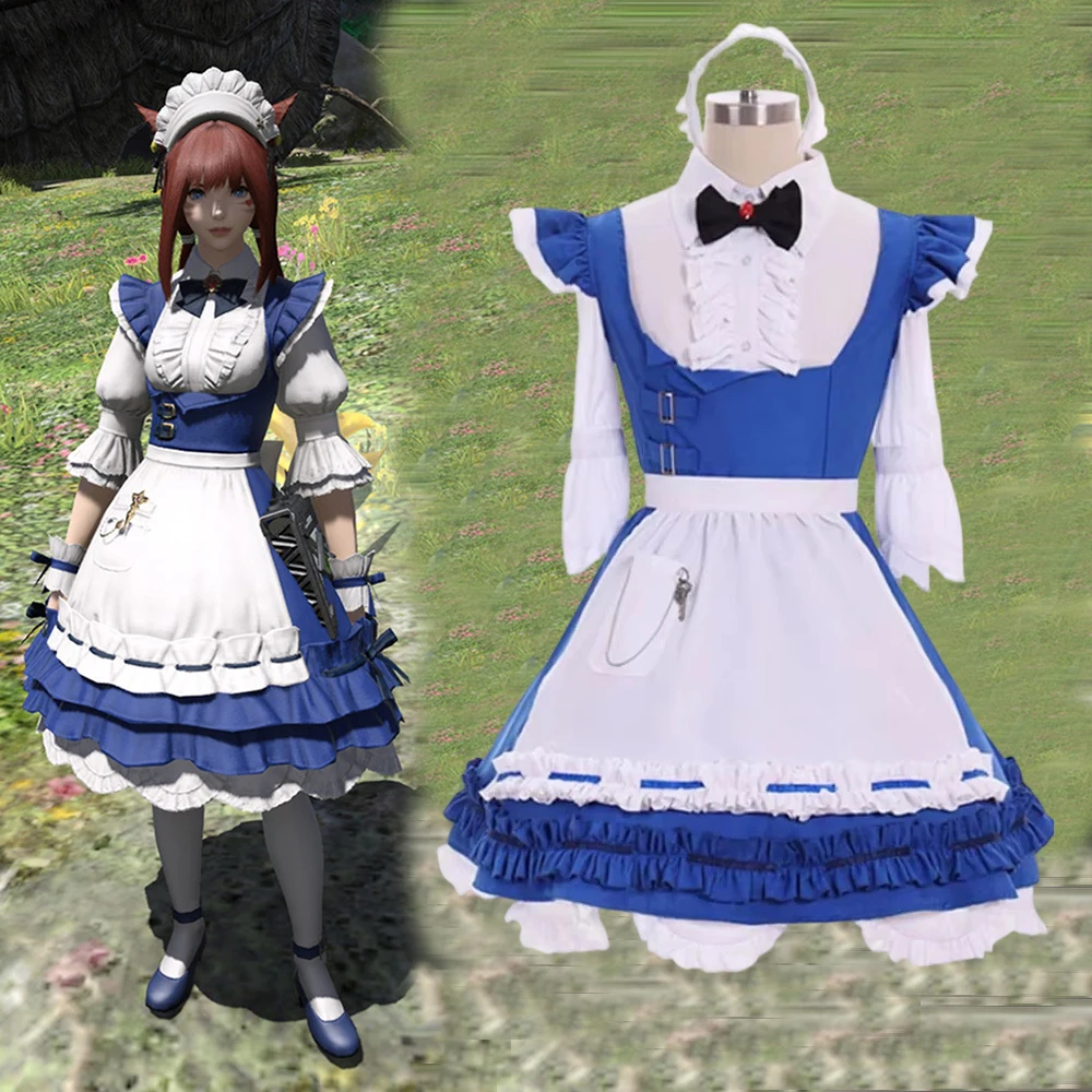 

Game FF14 Csilla Beleth Cosplay Costume Women Sweet Cute Blue Lolita Maid Dress Uniform Suit Halloween Party Comic Con Gown