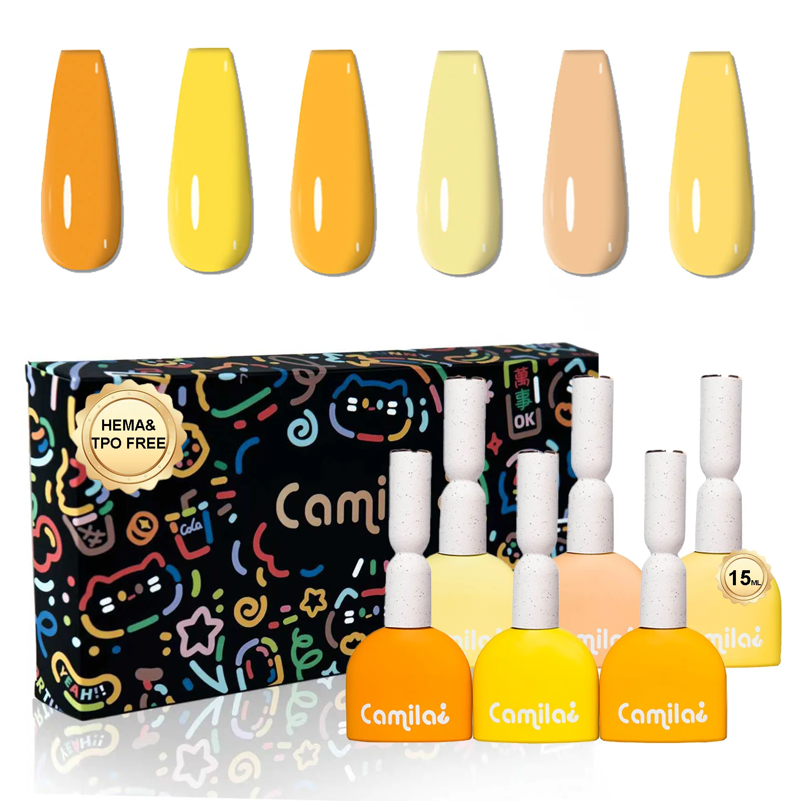 カミラ-ネイルポリッシュ-6本入り-15ml-hema-tpoフリー-イエロー-ソークオフ-プロ仕様-サロンキット-ソークオフ-マニキュア-サロン-女性用セット-d