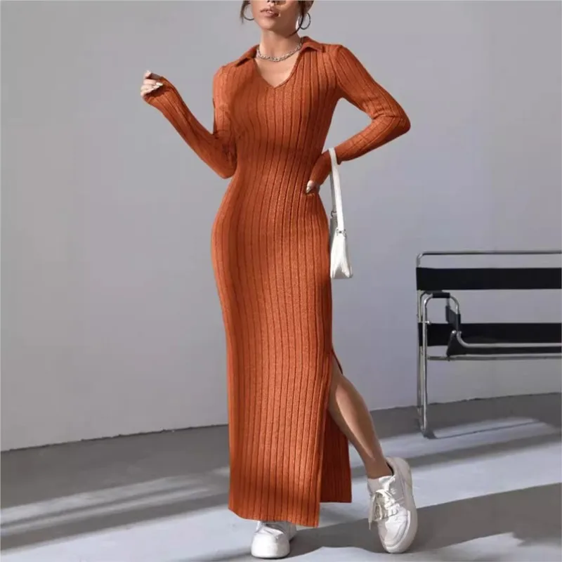 

Autumn Winter Simple Style Long Dresses Women New Knitted Slim-Fit Lapel Long Sleeve Pit Strip Solid Color Tight Dress