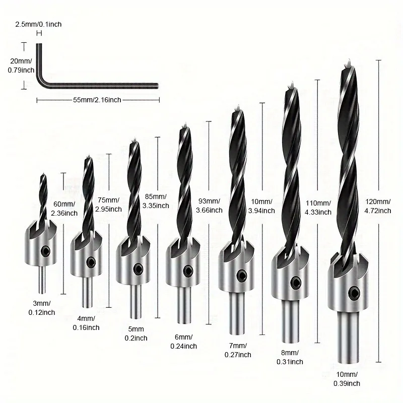 10PCS Drill Bit & Countersink Set, HSS Twist Bits with Stop Collar, Hex Shank for Wood Metal Plastic Flush Screw