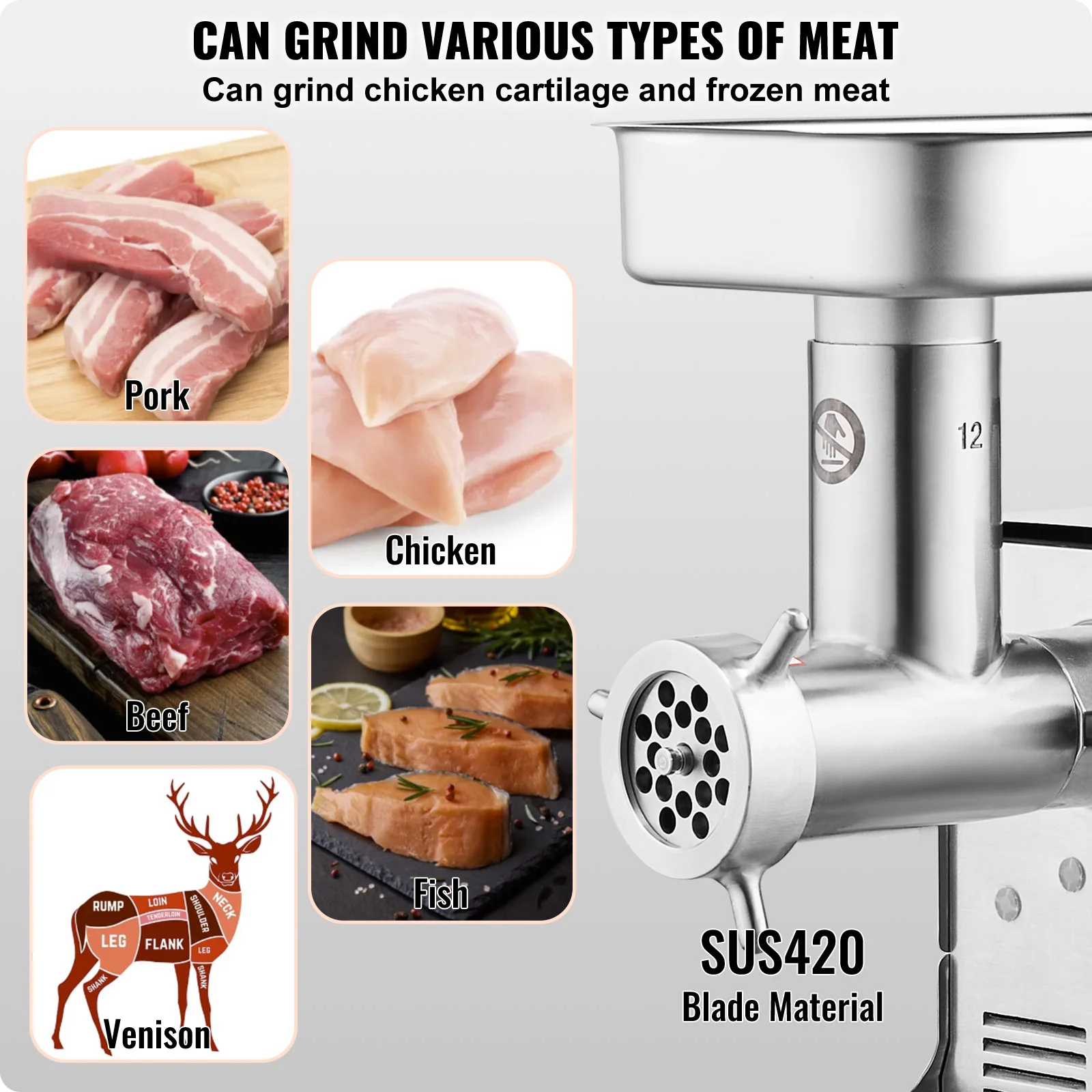 SucceBuy Meat Grinder Capacity Electric Meat Grinders with Blade Grinding Plate Stainless Steel Commercial Sausage Maker