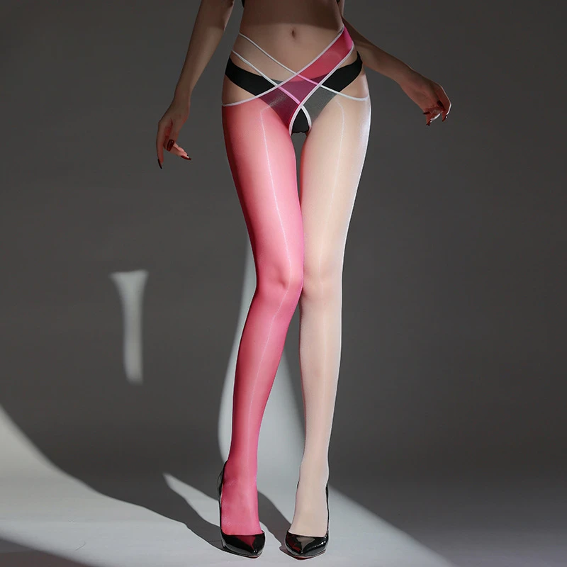 Women Sexy Stockings Oil Shiny Glossy Transparent Pantyhose Elastic Separate Cross Waisted Hollow High Socks Exotic Lingerie
