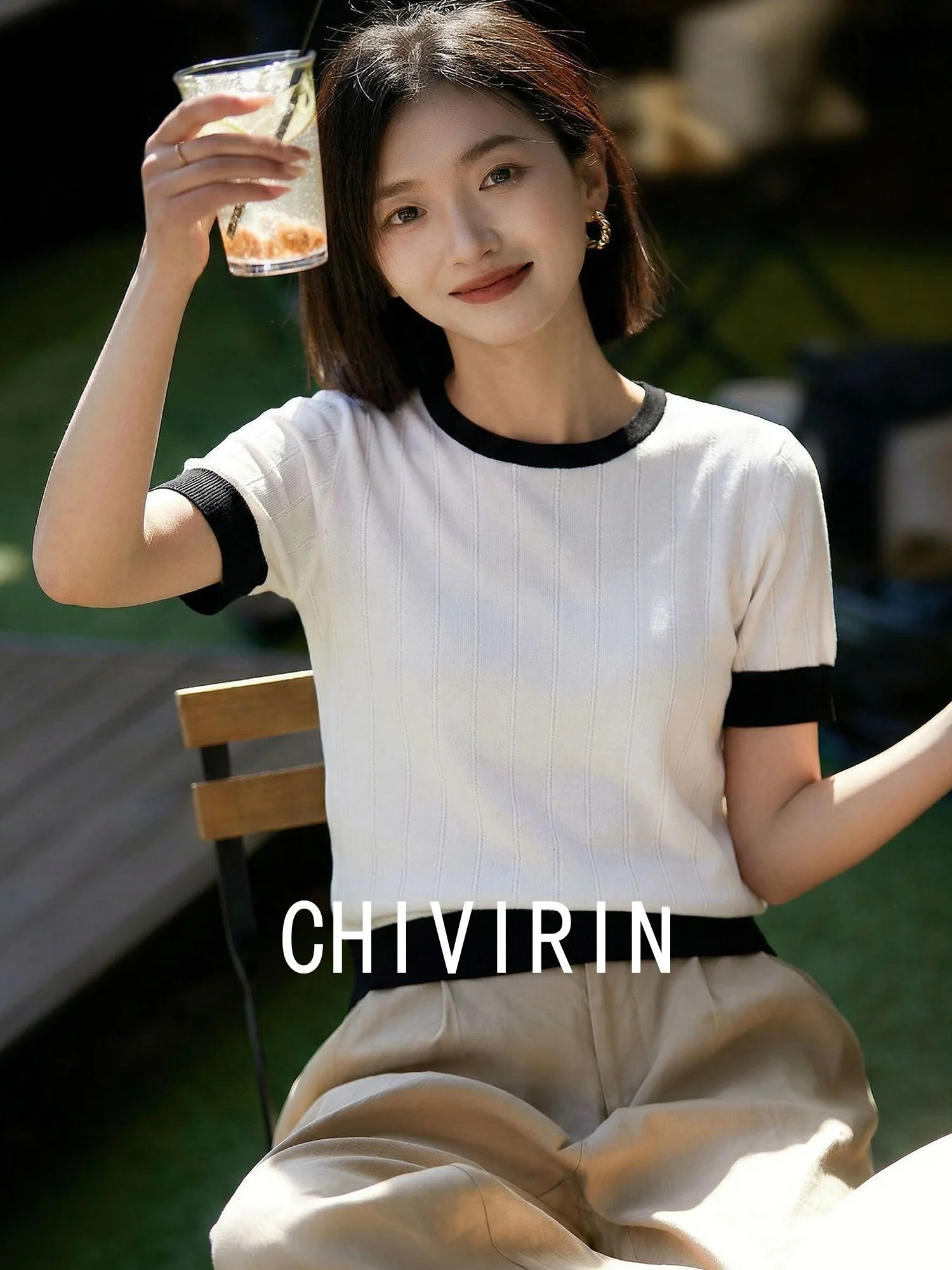 

Шелковая вязаная футболка Chivirin с коротким рукавом и круглым вырезом, женская модная футболка в стиле Lazy Style, корейская версия, летняя, легкая, роскошная