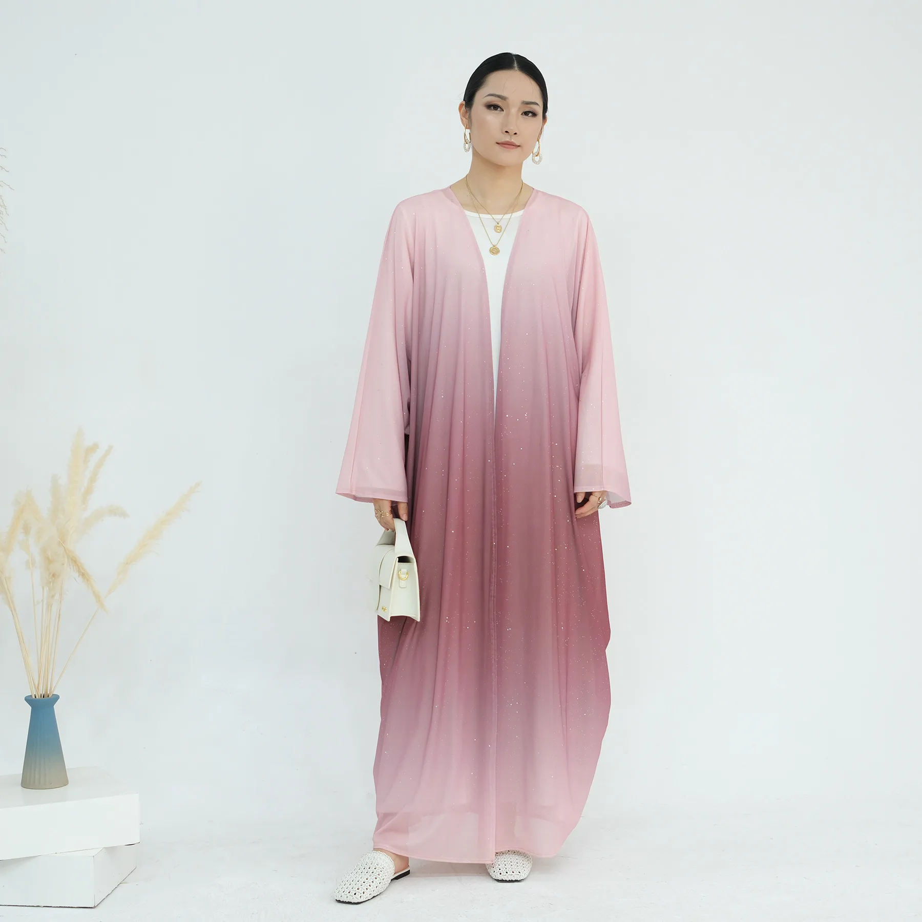 2025 Dubai Ombre Sfumatura di Colore Modesto Moda 2 Pezzi Vestito Abaya Kimono Abiti Hijab Traspirante Tradizionale Musulmano Set di Abbigliamento