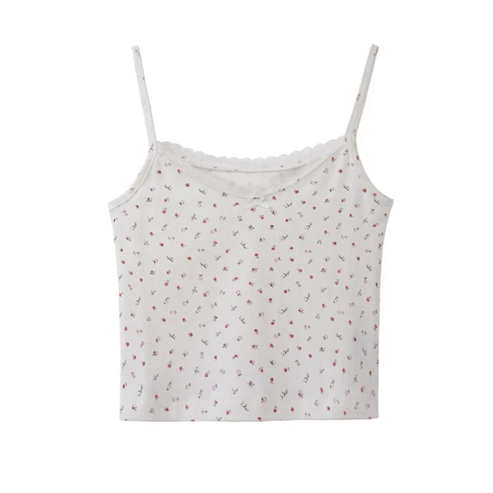 

Sleeveless Lace Trim Floral Crop Top Korean Short Lace Bowknot Camisole Crochet Top Beach Wear Sweet Flower Girl's Tank Top