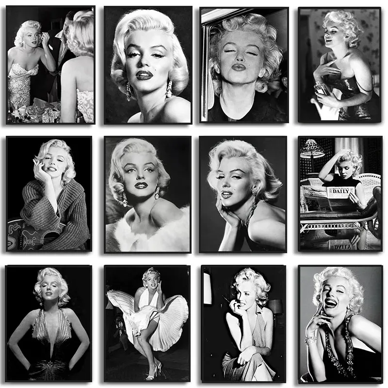 Fashion Movie Star Marilyn Monroe Black and White Posters and Prints Canvas Painting Wall Art Pictures for Home Wall Decor Mural