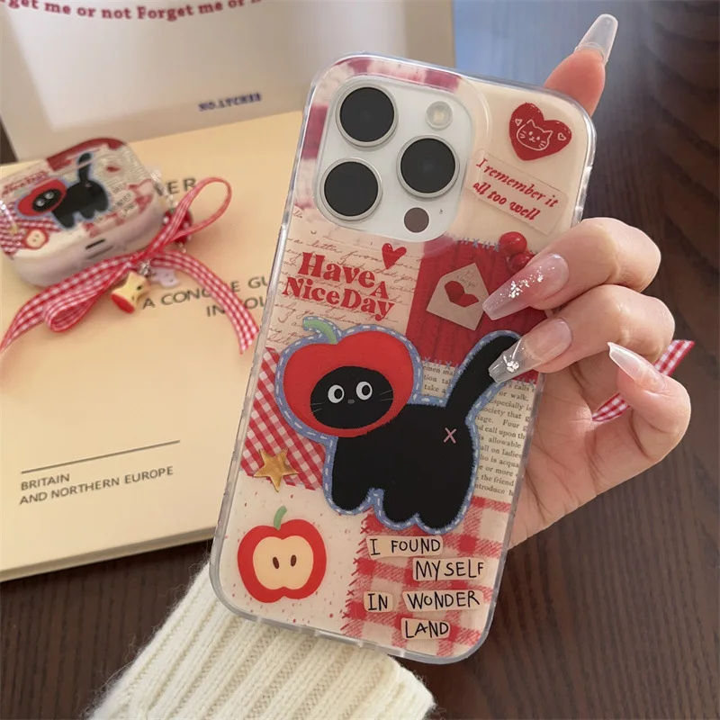 

Винтажный чехол для телефона с красным котом для iPhone 16/15/14 Pro Max, милый цветочный дизайн, полный защитный чехол