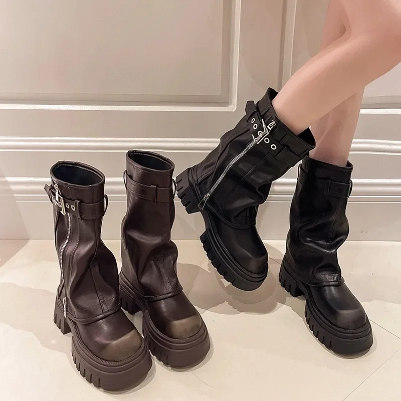 Winter New Women\'s High Boots Side Zippers Long Pipe Botas Ladies Elegant Platform Buckle Strap Shoes Thick Bottom Knigh Booties