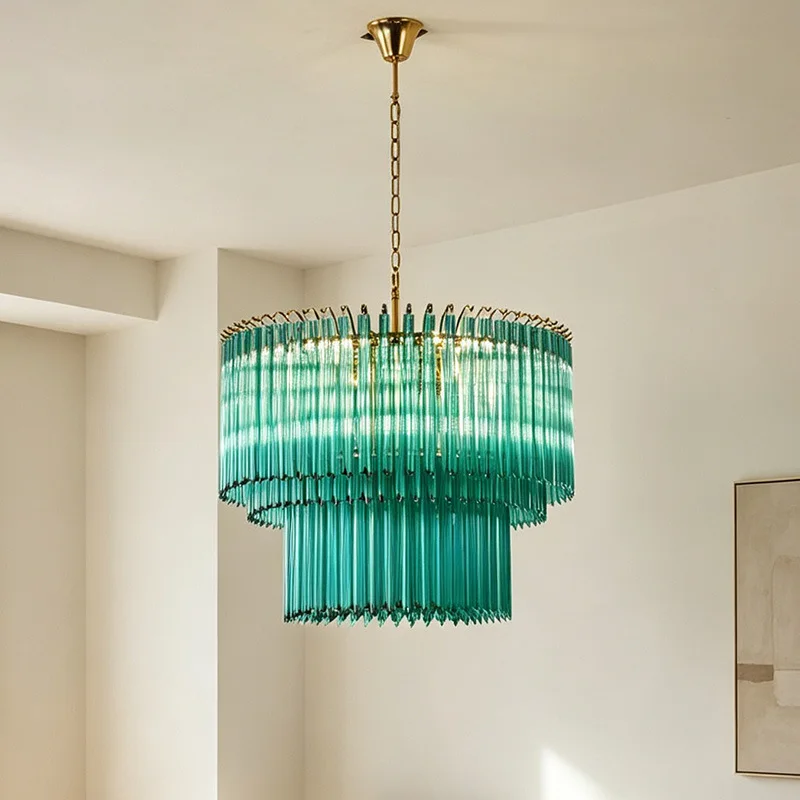 Green glass living room chandelier, French retro medieval style, lamps and lanterns