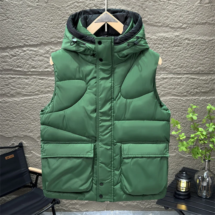 Green Men\'s Hooded Vest 2024 Winter Warm Waistcoat Men Cotton Padded Sleeveless Jackets with Big Pockets Black Thick Coat