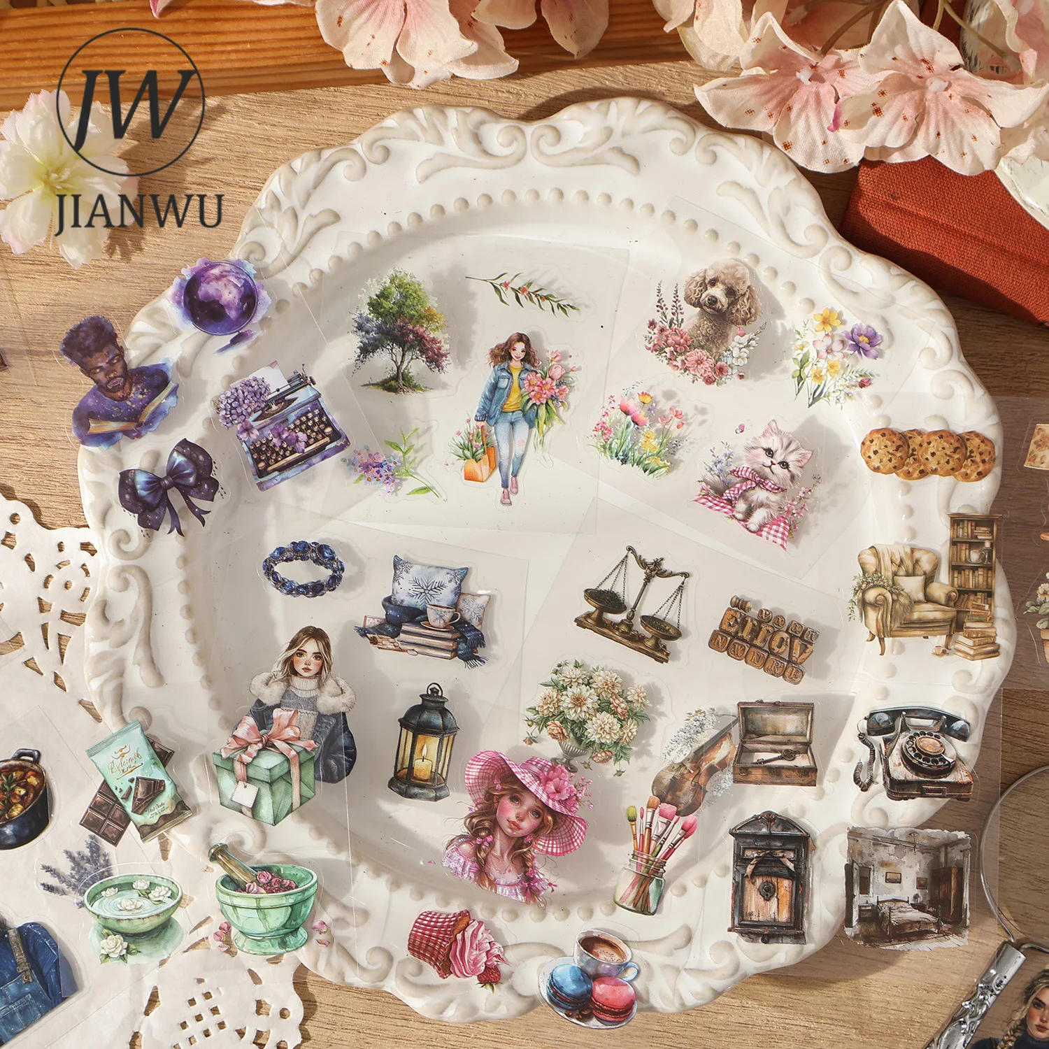 

JIANWU Season Memory Collection Series Vintage Character Flower Landscape Material Collage Sticker Creative Journal Stationery