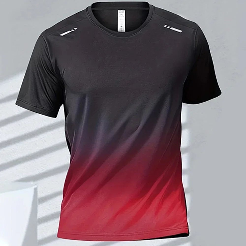 Fashion Men's 3D Gradient Sport T-Shirt Classic Stripe Printed Crew Neck Short Sleeve Outdoor Quick Dry Fitness Athletic Tee Top