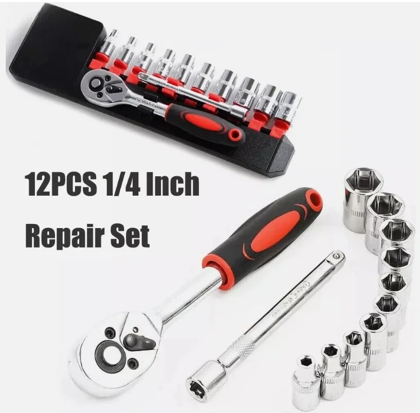 

12PCS/Set 1/4 Inch Ratchet Socket Wrench Set Metric Socket Set Repair Tool