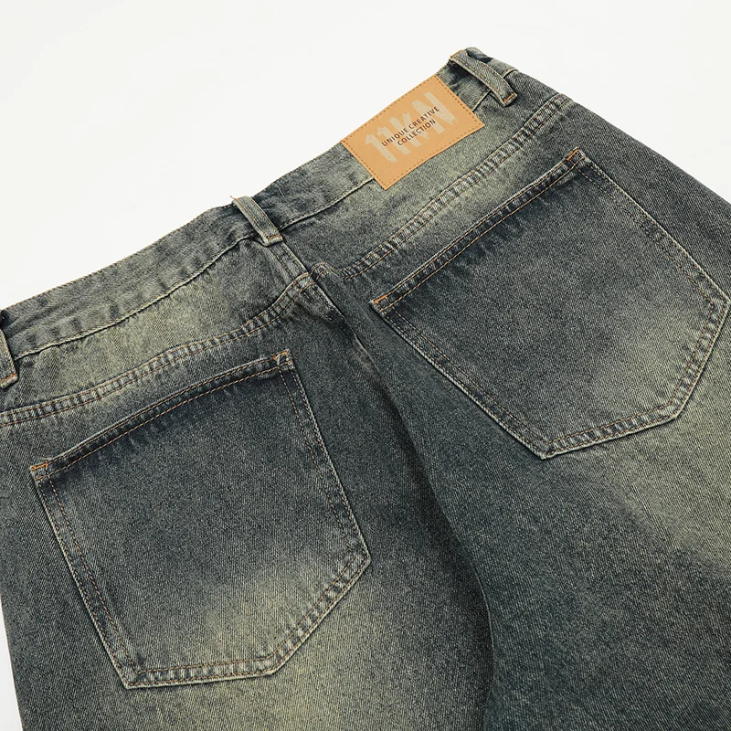 UPRAKF Split Patchwork Design Straight Jeans Streetwear Wide Leg Denim Loose Autumn Fashion Basic High Street