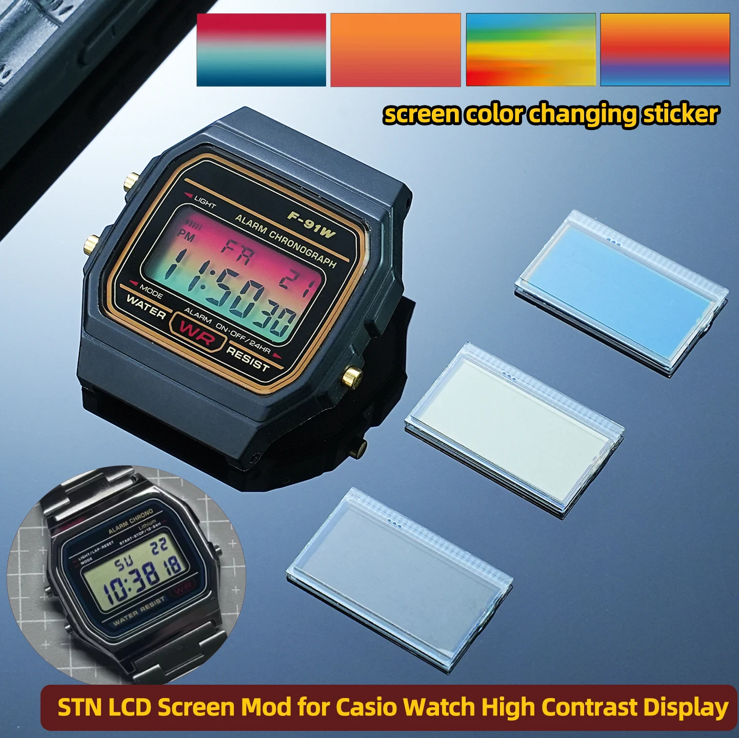 Pantalla LCD STN para Reloj Casio, Pantalla de Alto Contraste de Repuesto, F-91W F-105 A158 A159 A168, Adhesivo para Cambiar el Color de la Pantalla