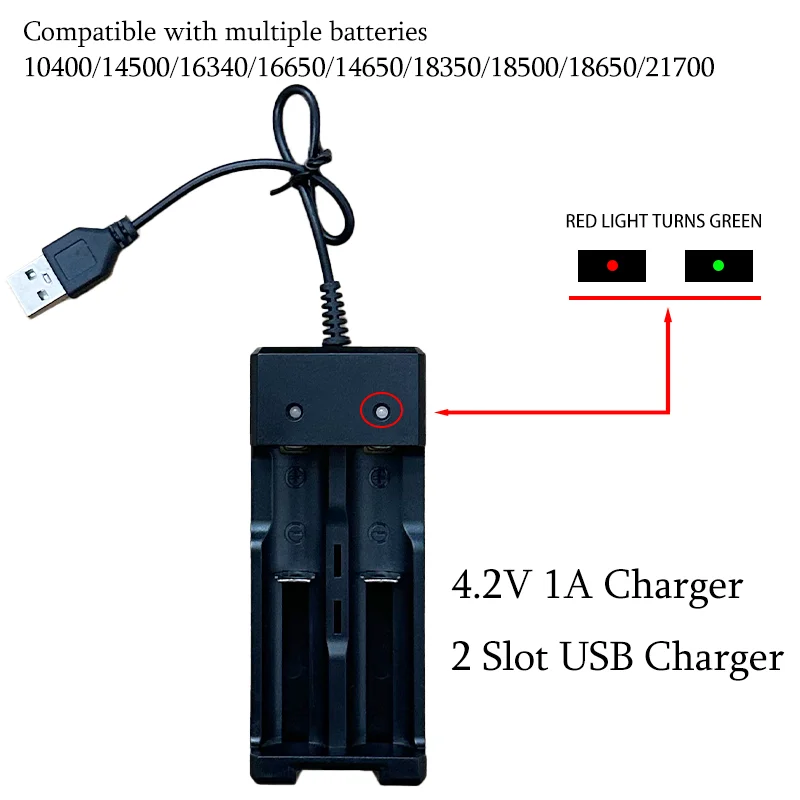 

Two slot dual USB rechargeable lithium battery suitable for 3.7V 10400/14500/16340/16650/14650/18350/18650/21700 battery charger