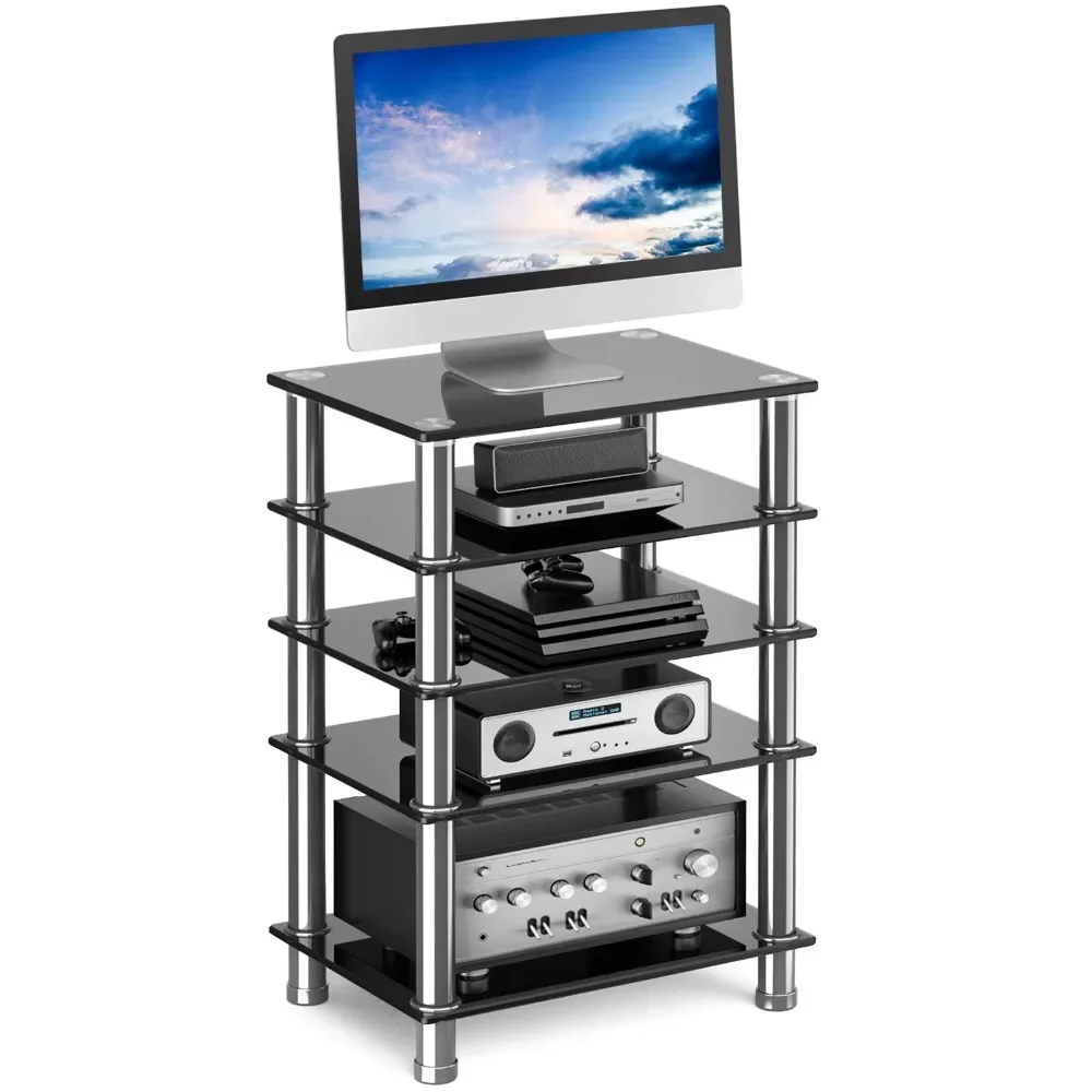 

5-уровневая Hi-Fi-стойка с черным закаленным стеклом и хромированными ножками, максимальная нагрузка 88 фунтов, регулируемое расстояние между полками, легко чистится.
