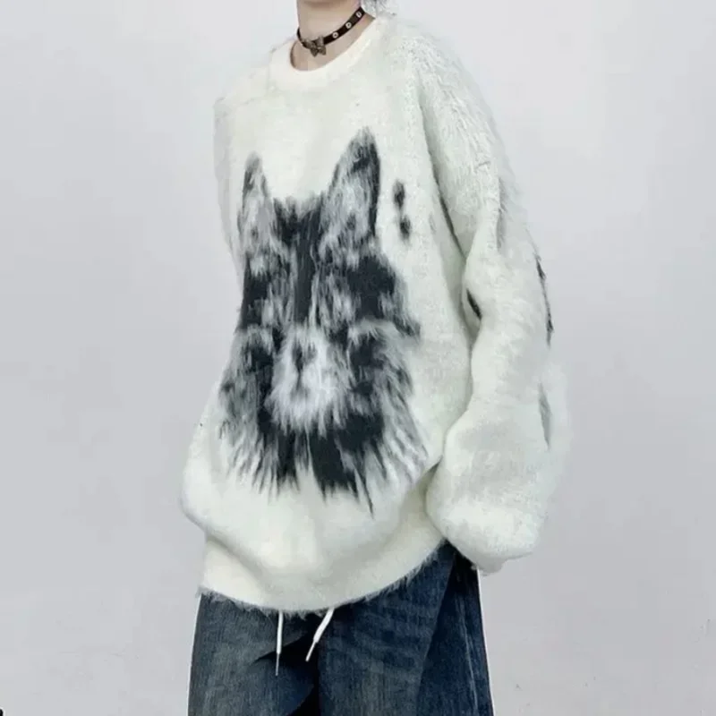 Winter Fur Knit Sweater Oversized Harajuku Grunge Cat Print Femme Streetwear Vintage Sweaters Women Y2k Pullovers Korean Trendy