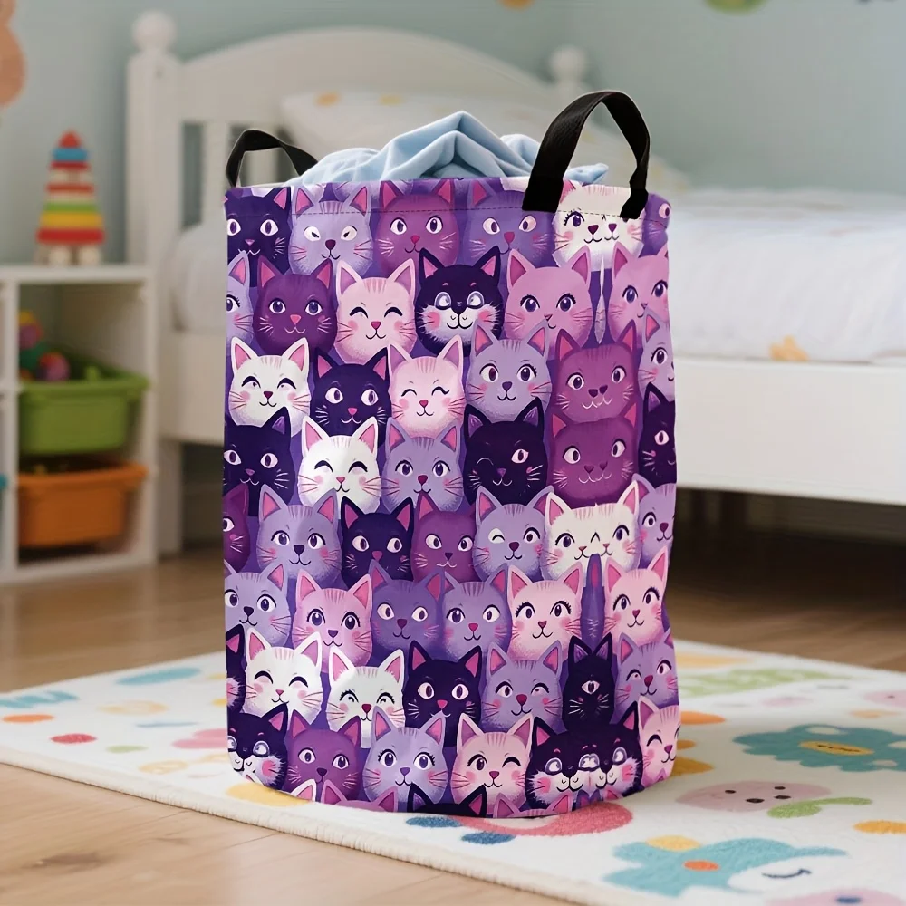 Large Round Foldable Laundry Hamper Basket with Cute Purple Pink White Black Tabby Print Heavy Duty Cloth-Like Clothes