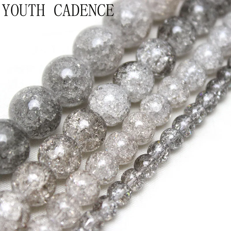 Natural Silver Grey Snow Cracked Crystal Stone Round Loose Beads For Jewelry Making DIY Necklace Bracelet 15inches 4/6/8/10mm